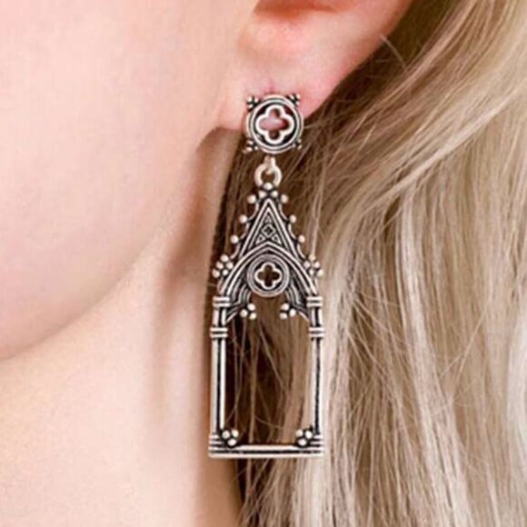 Jewelry - Gothic Church Steeple Earrings Antique Silver Tone, Engraved details, Elegant